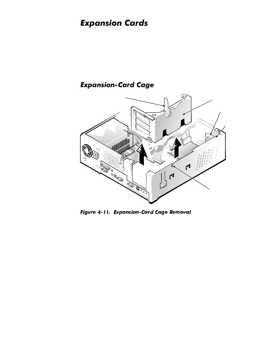 Expansion cards, Expansion-card cage, Expansion cards -13 | Expansion-card cage -13, Figure 4-11, Expansion-card cage removal -13, Sdqvlrq&dugv, Sdqvlrq&dug&djh | Dell OptiPlex GX1p User Manual | Page 83 / 170