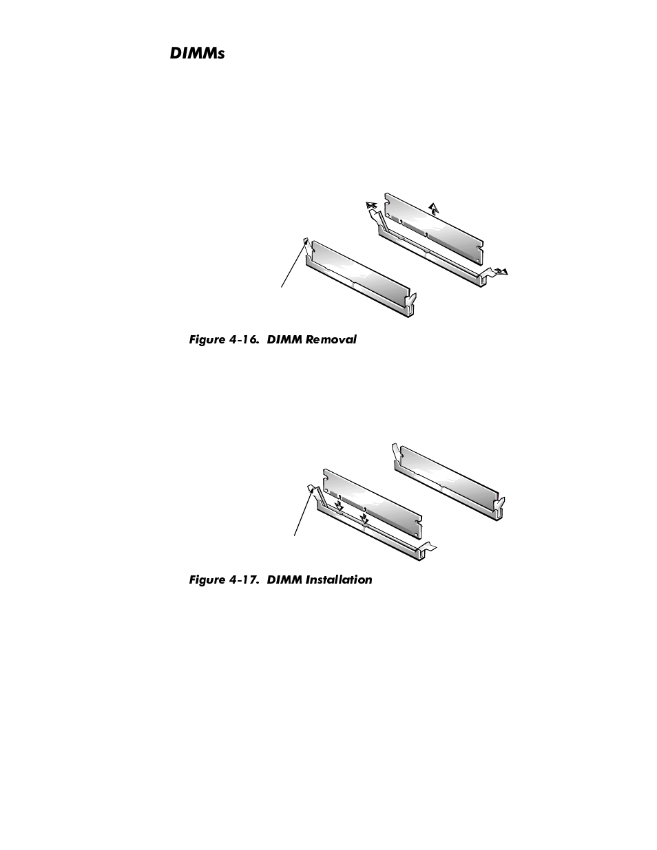 Dimms, Dimms -18, Figure 4-16 | Dimm removal -18, Figure 4-17, Dimm installation -18 | Dell OptiPlex GX1p User Manual | Page 88 / 170