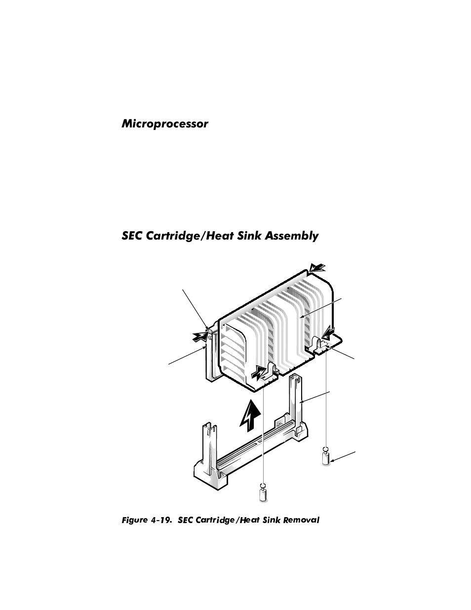 Microprocessor, Sec cartridge/heat sink assembly, Microprocessor -20 | Sec cartridge/heat sink assembly -20, Figure 4-19, Sec cartridge/heat sink removal -20, 0lfursurfhvvru, 6(&&duwulgjh+hdw6lqn$vvhpeo | Dell OptiPlex GX1p User Manual | Page 90 / 170