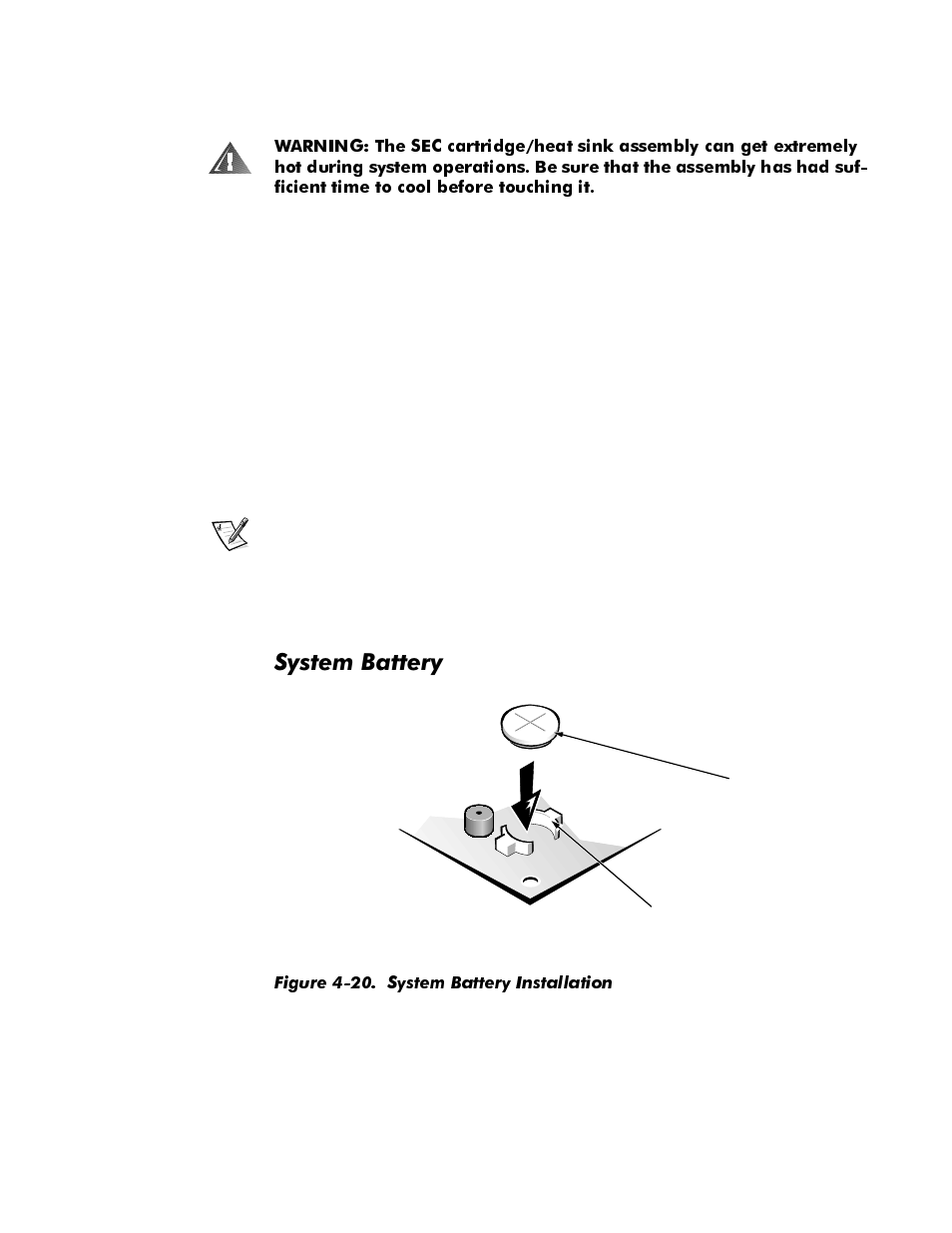 System battery, System battery -21, Figure 4-20 | System battery installation -21, 6\vwhp%dwwhu | Dell OptiPlex GX1p User Manual | Page 91 / 170