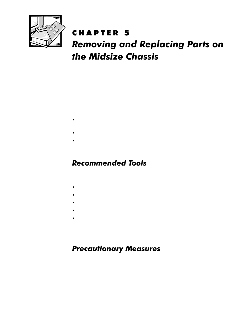 Recommended tools, Precautionary measures, Kdswhu | 5hprylqjdqg5hsodflqj3duwvrqwkh, 0lgvl]h&kdvvlv, Recommended tools -1, Precautionary measures -1, 5hfrpphqghg7rrov, 3uhfdxwlrqdu\0hdvxuhv | Dell OptiPlex GX1p User Manual | Page 93 / 170