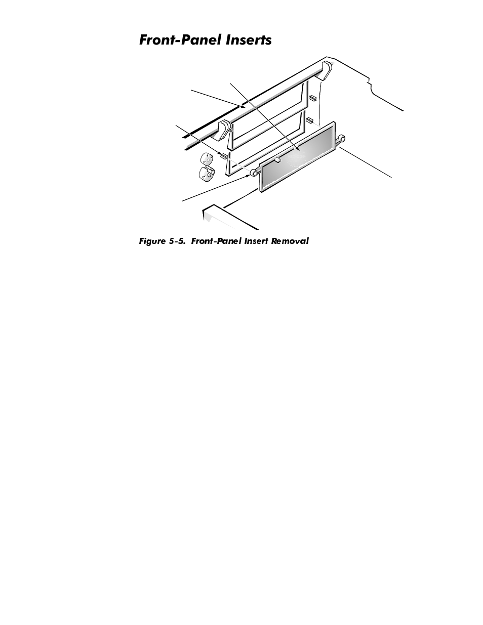 Front-panel inserts, Front-panel inserts -7, Figure 5-5 | Front-panel insert removal -7, Urqw3dqho,qvhuwv | Dell OptiPlex GX1p User Manual | Page 99 / 170