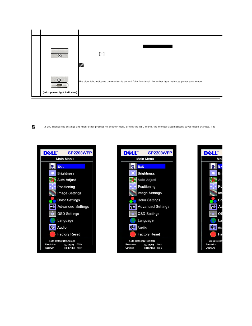Using the on-screen display (osd) menu, Using the osd, Menu | Accessing the menu system | Dell SP2208WFP Monitor User Manual | Page 15 / 33
