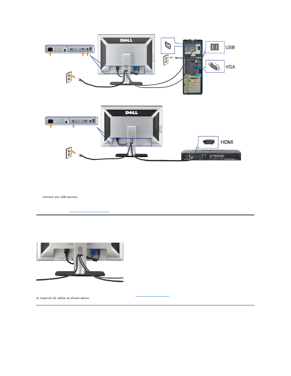 Organizing the cables, Attaching the soundbar (optional), Attaching the soundbar | Dell SP2208WFP Monitor User Manual | Page 28 / 33