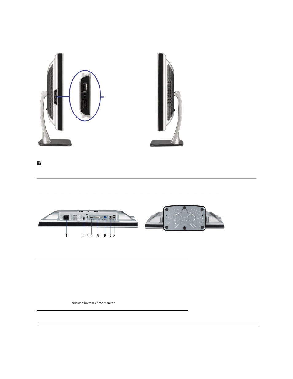 Monitor specifications, Side view, Bottom view | Dell SP2208WFP Monitor User Manual | Page 4 / 33