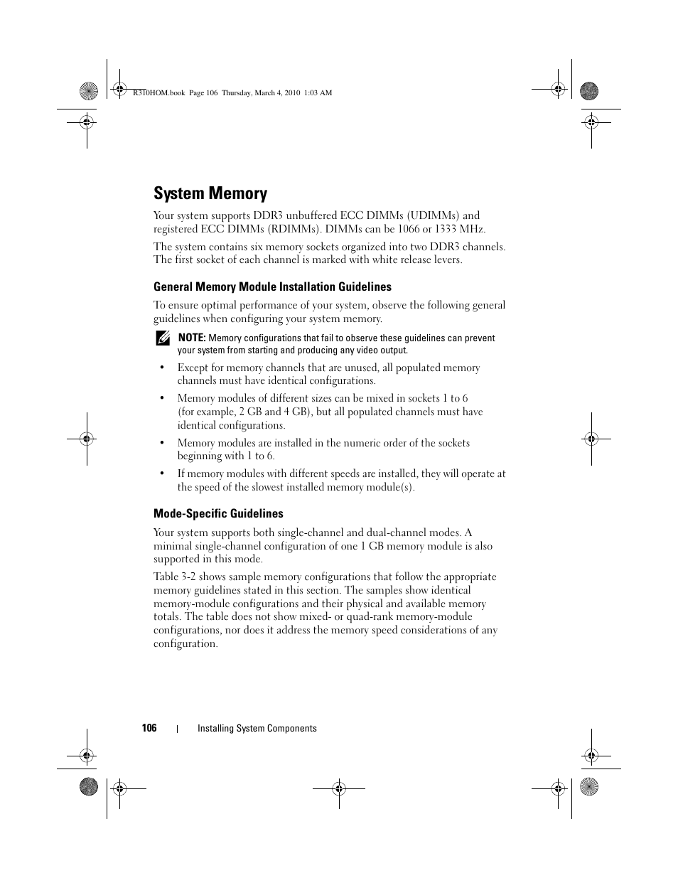 System memory, General memory module installation guidelines, Mode-specific guidelines | Dell PowerEdge R310 User Manual | Page 106 / 176