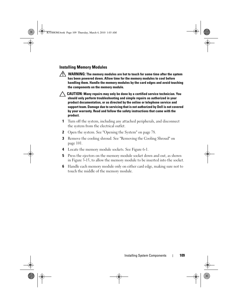 Installing memory modules | Dell PowerEdge R310 User Manual | Page 109 / 176