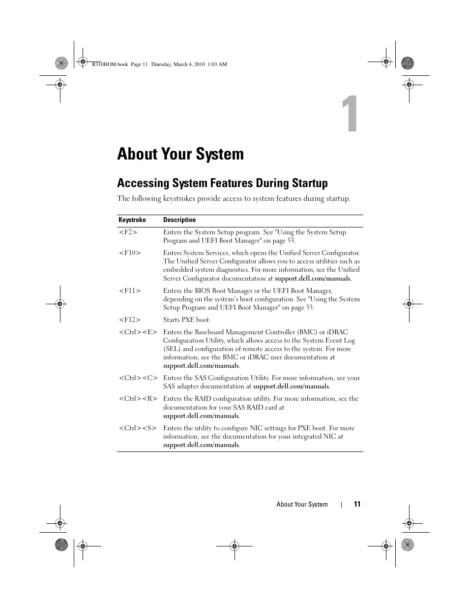 About your system, Accessing system features during startup | Dell PowerEdge R310 User Manual | Page 11 / 176
