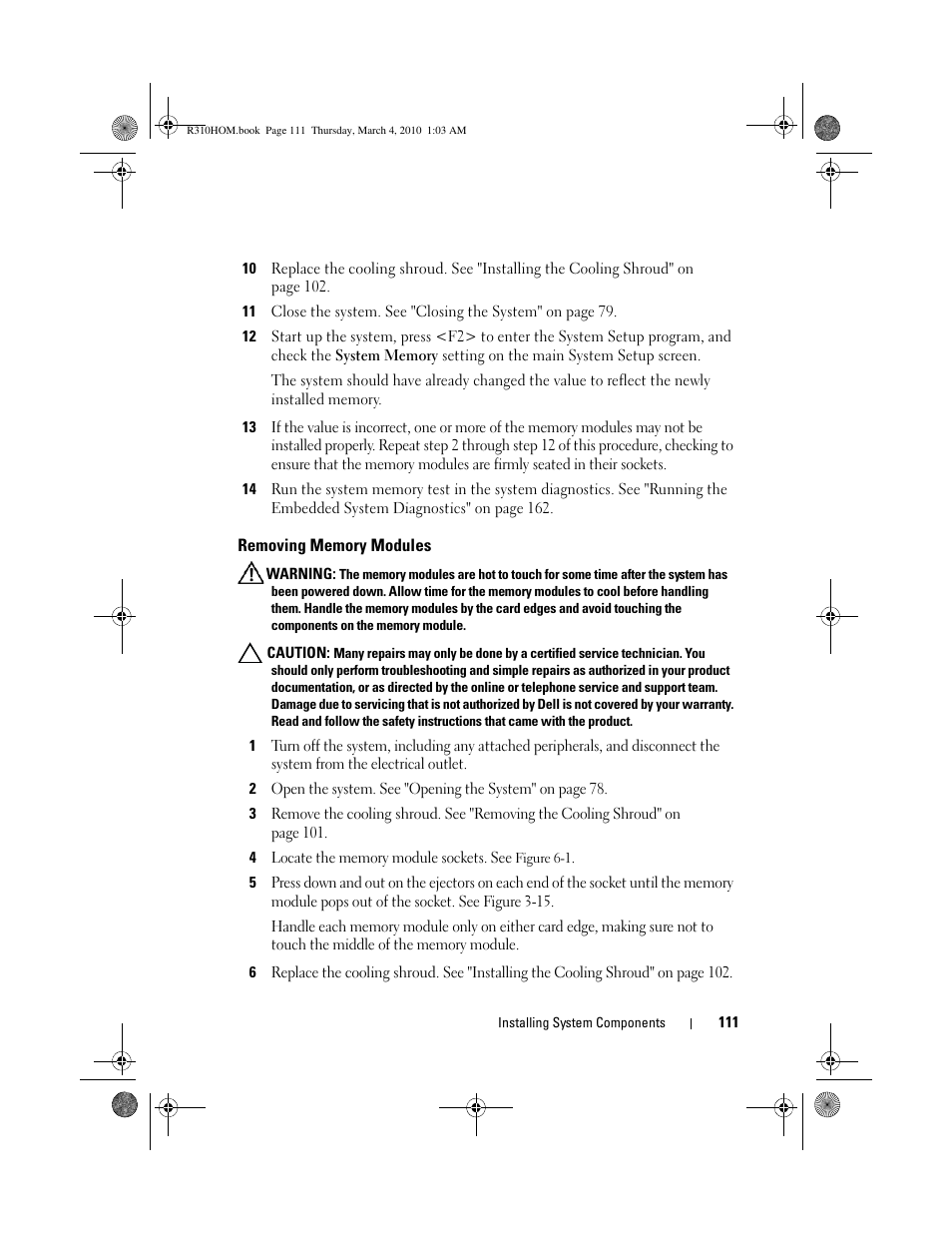 Removing memory modules | Dell PowerEdge R310 User Manual | Page 111 / 176