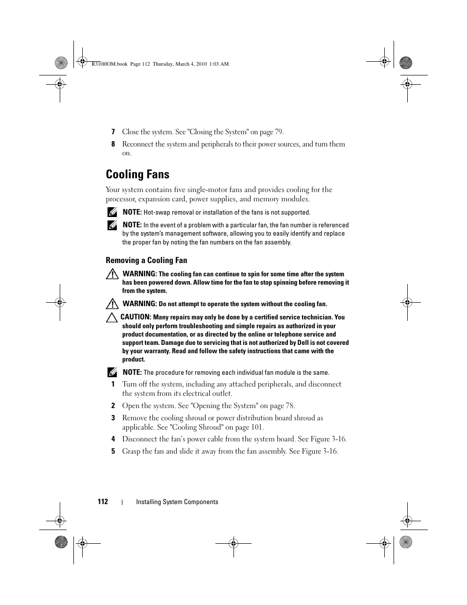 Cooling fans, Removing a cooling fan | Dell PowerEdge R310 User Manual | Page 112 / 176
