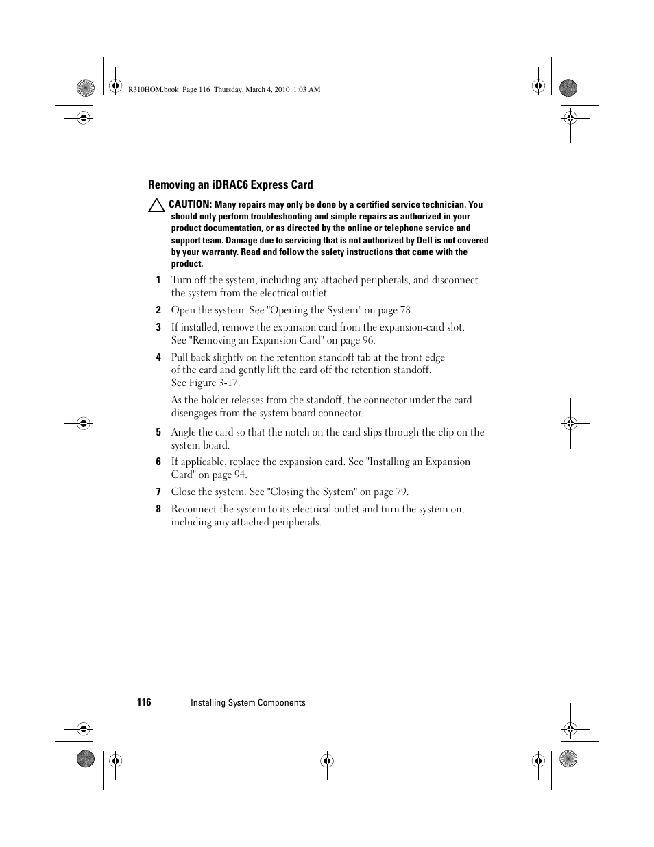 Removing an idrac6 express card | Dell PowerEdge R310 User Manual | Page 116 / 176
