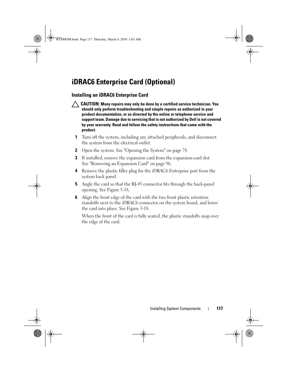 Idrac6 enterprise card (optional), Installing an idrac6 enterprise card | Dell PowerEdge R310 User Manual | Page 117 / 176