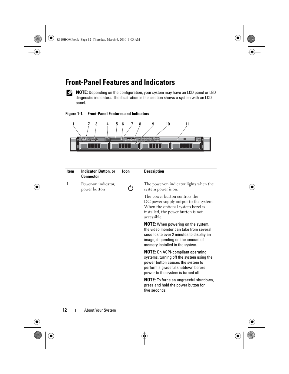 Front-panel features and indicators | Dell PowerEdge R310 User Manual | Page 12 / 176