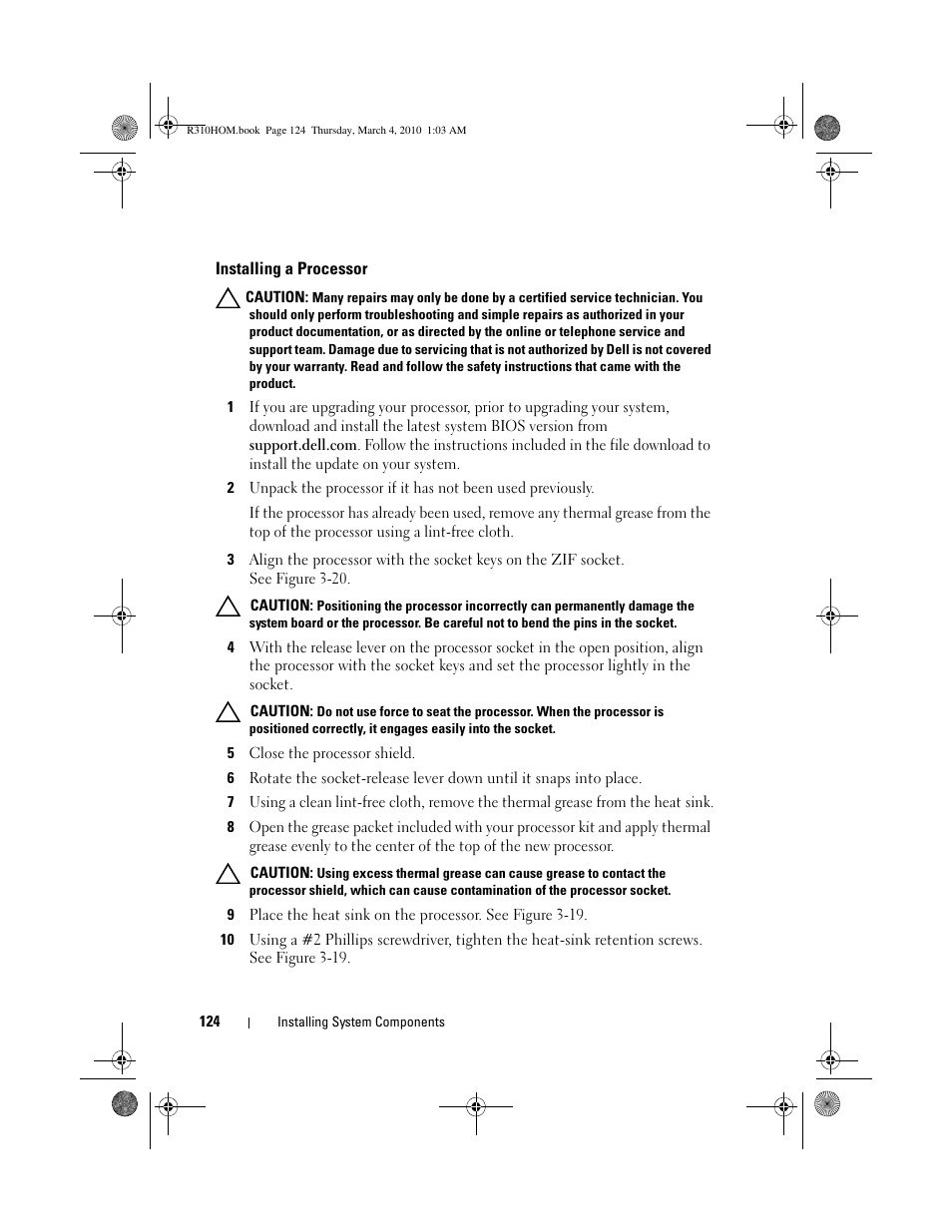 Installing a processor | Dell PowerEdge R310 User Manual | Page 124 / 176