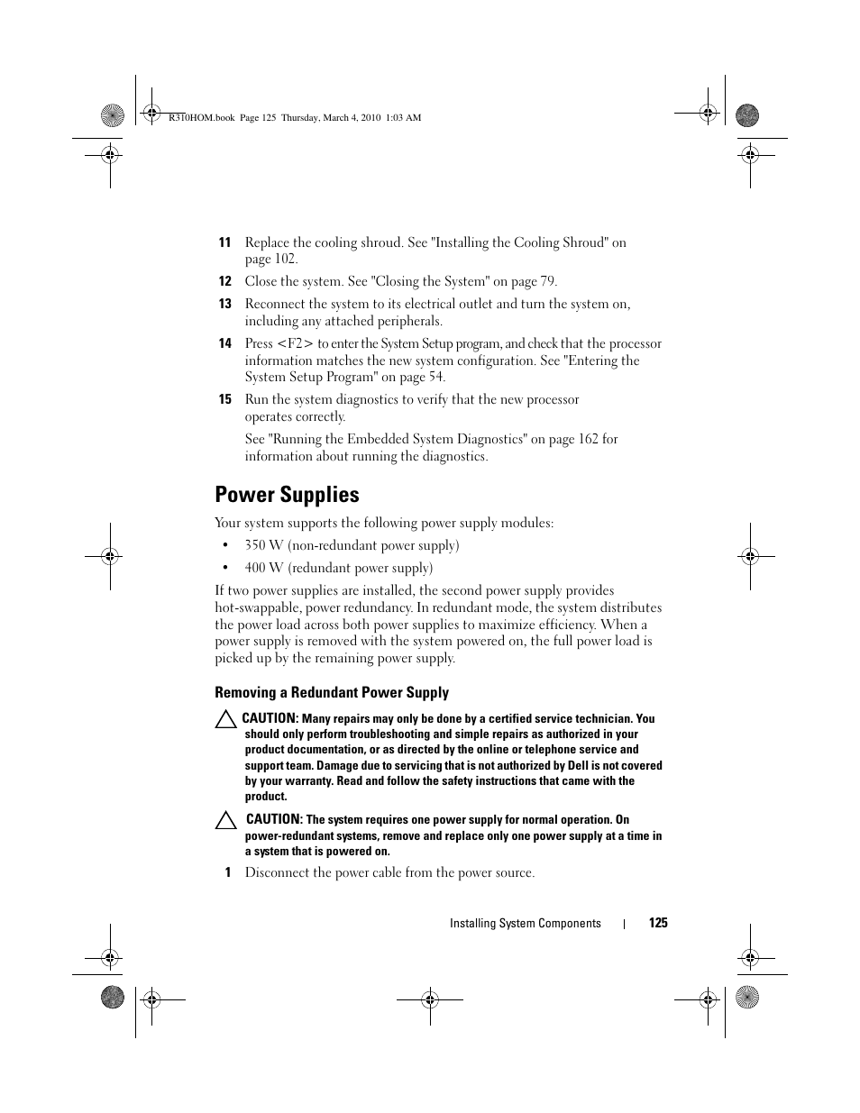 Power supplies, Removing a redundant power supply | Dell PowerEdge R310 User Manual | Page 125 / 176