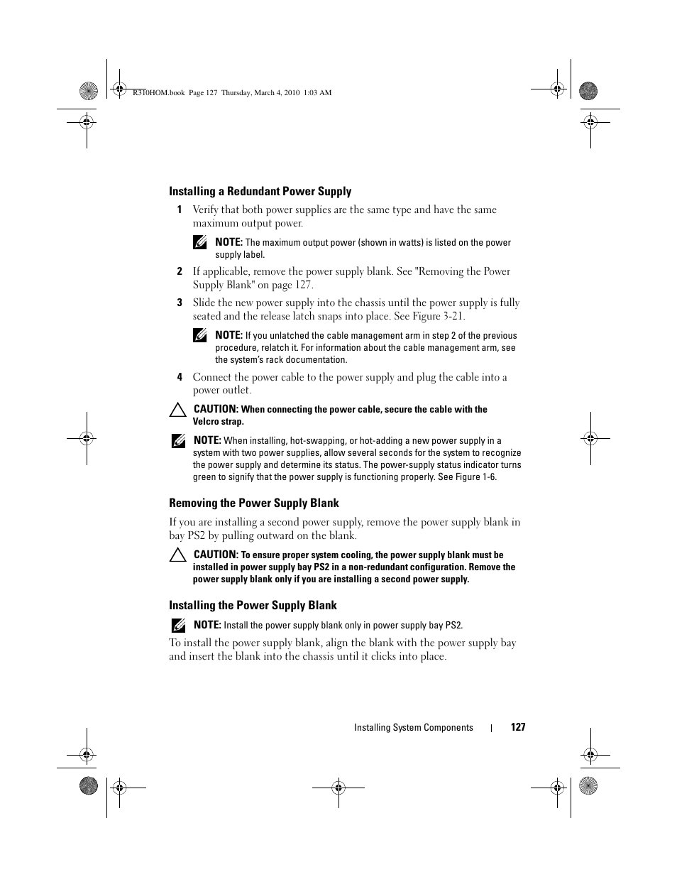 Installing a redundant power supply, Removing the power supply blank, Installing the power supply blank | Dell PowerEdge R310 User Manual | Page 127 / 176