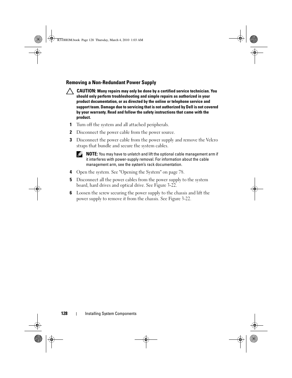 Removing a non-redundant power supply | Dell PowerEdge R310 User Manual | Page 128 / 176