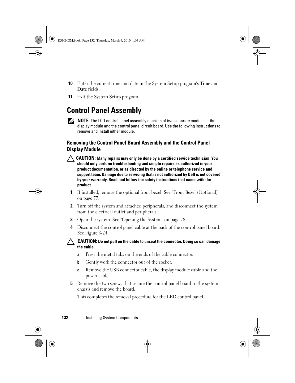 Control panel assembly | Dell PowerEdge R310 User Manual | Page 132 / 176