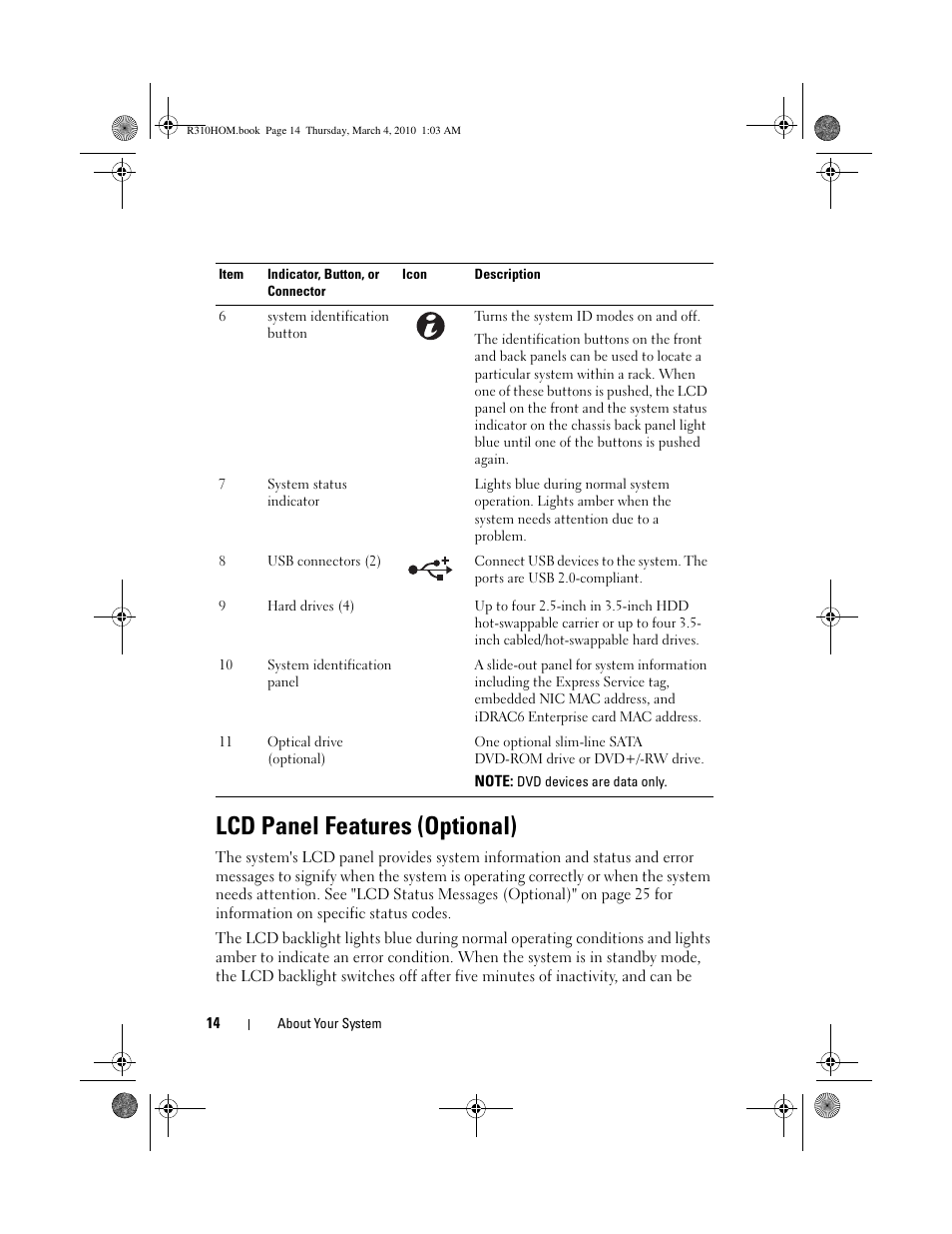 Lcd panel features (optional) | Dell PowerEdge R310 User Manual | Page 14 / 176