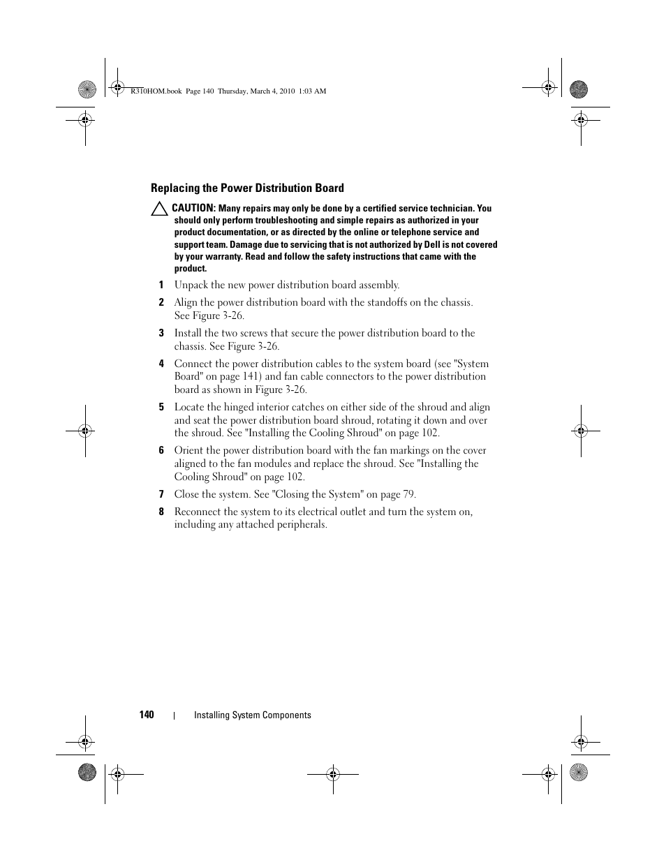 Replacing the power distribution board | Dell PowerEdge R310 User Manual | Page 140 / 176