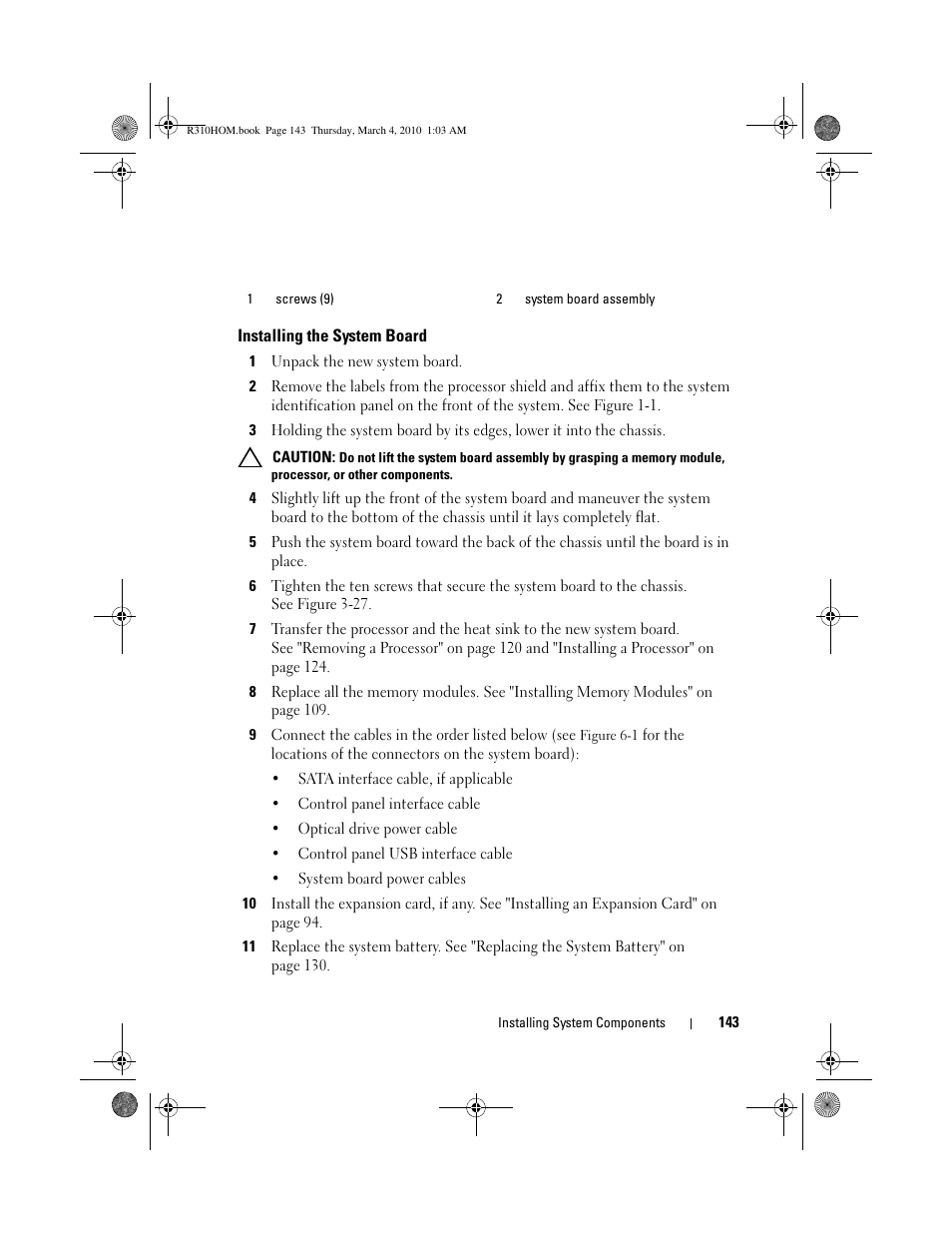 Installing the system board | Dell PowerEdge R310 User Manual | Page 143 / 176