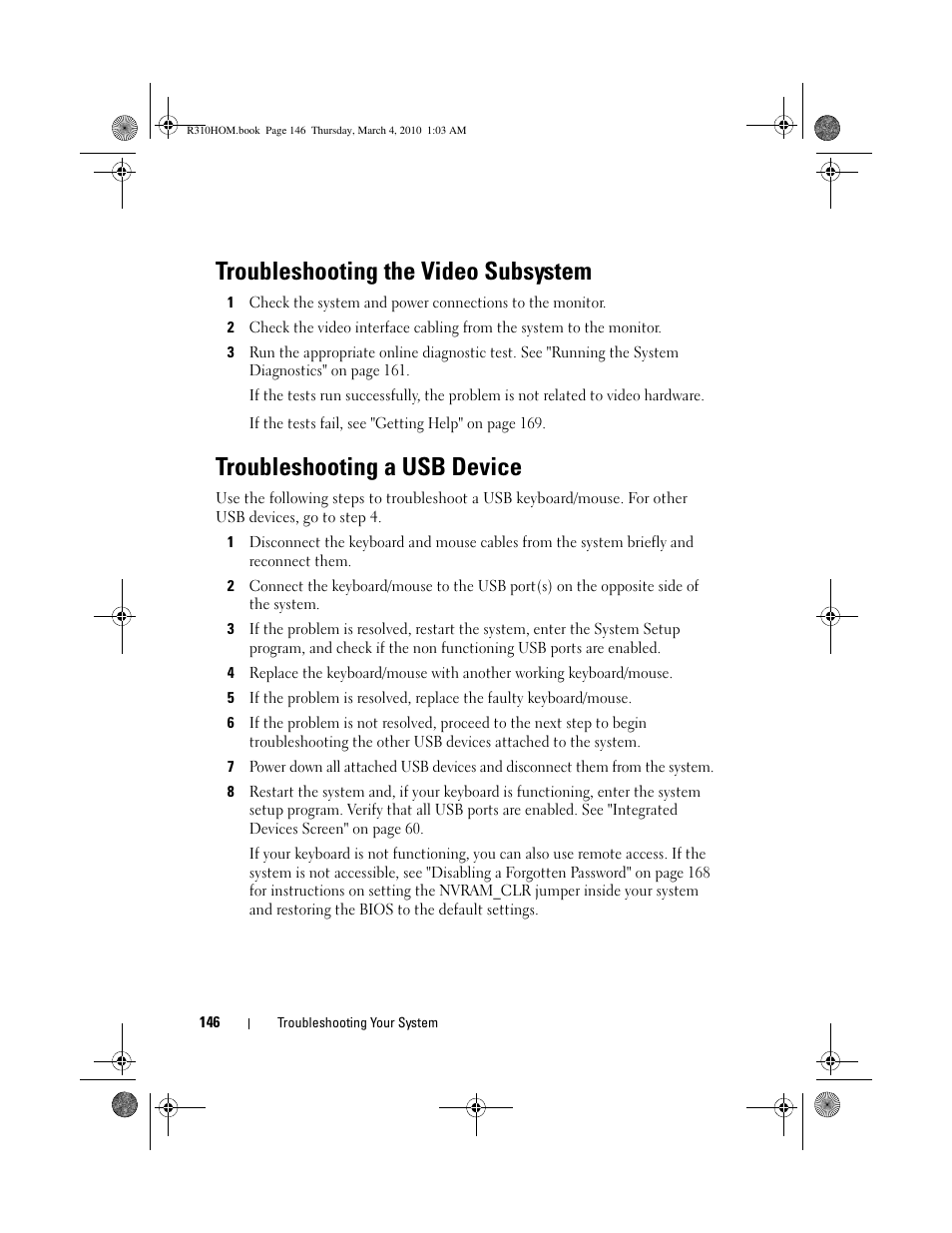 Troubleshooting the video subsystem, Troubleshooting a usb device | Dell PowerEdge R310 User Manual | Page 146 / 176