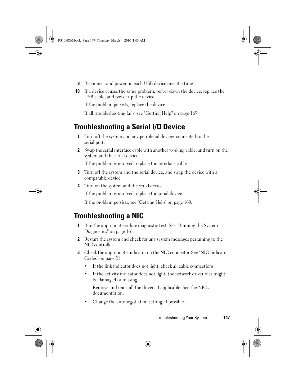 Troubleshooting a serial i/o device, Troubleshooting a nic | Dell PowerEdge R310 User Manual | Page 147 / 176