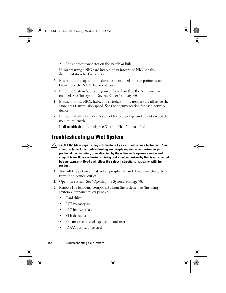 Troubleshooting a wet system | Dell PowerEdge R310 User Manual | Page 148 / 176