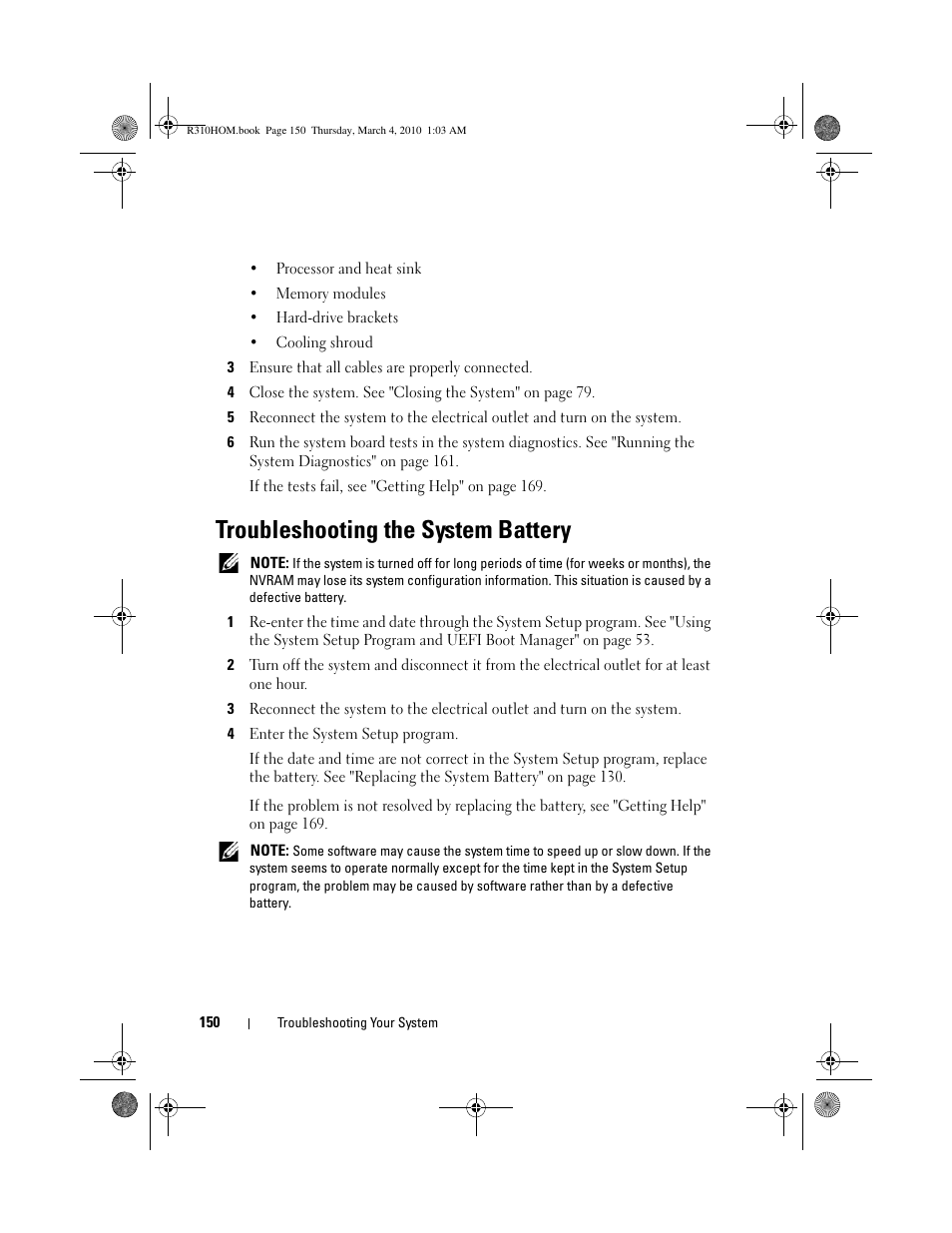 Troubleshooting the system battery, Ee "troubleshooting the | Dell PowerEdge R310 User Manual | Page 150 / 176