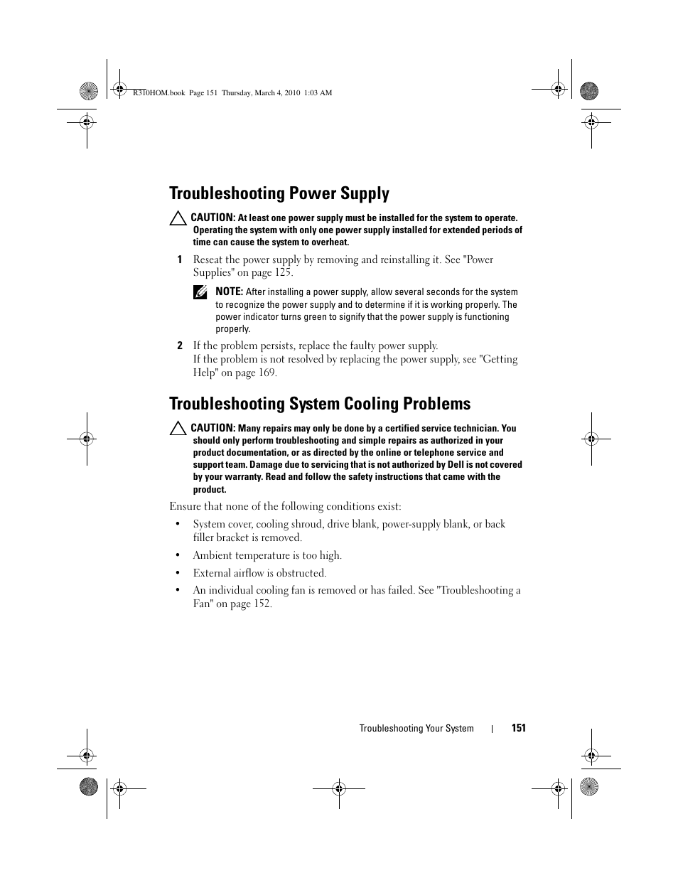 Troubleshooting power supply, Troubleshooting system cooling problems | Dell PowerEdge R310 User Manual | Page 151 / 176