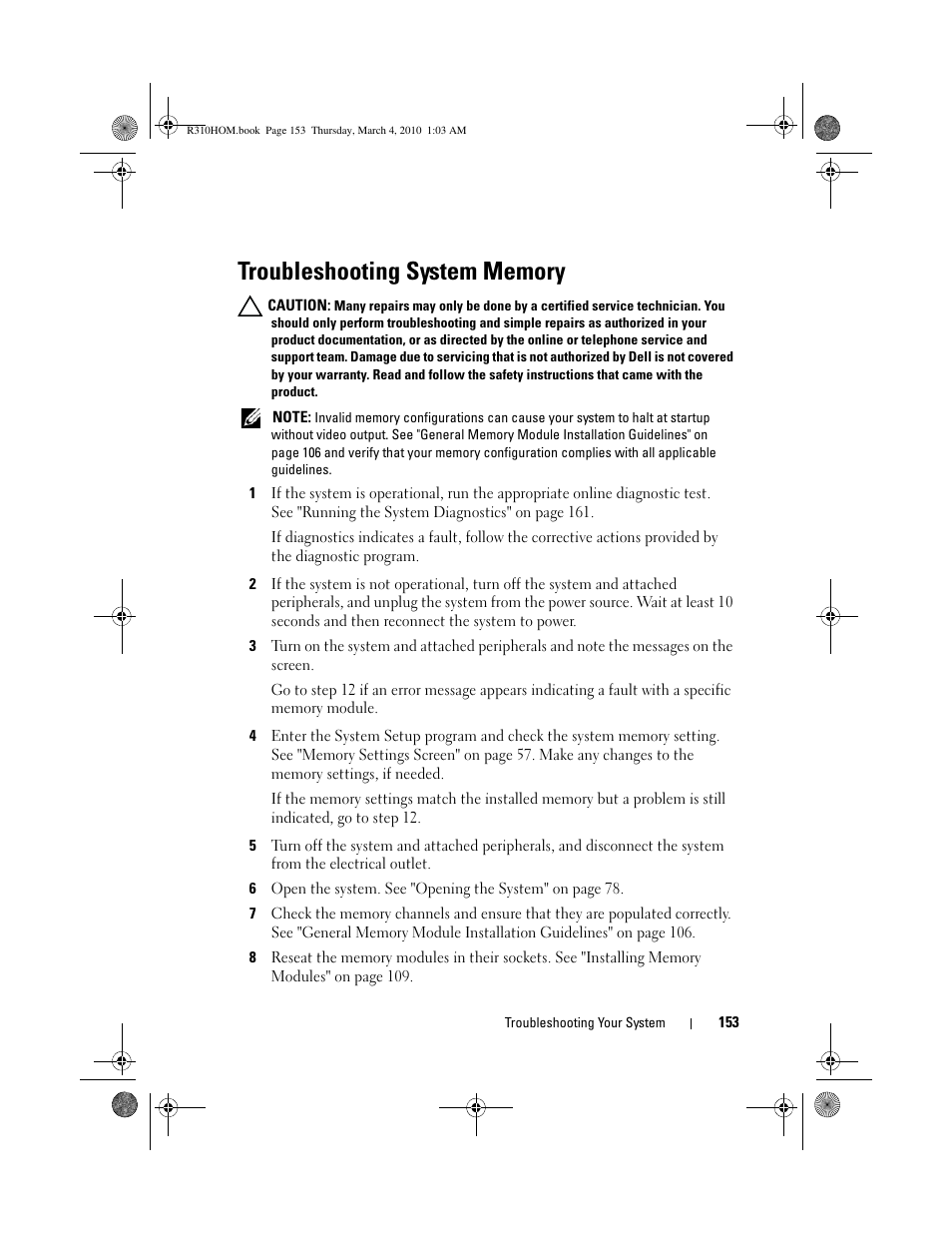 Troubleshooting system memory | Dell PowerEdge R310 User Manual | Page 153 / 176