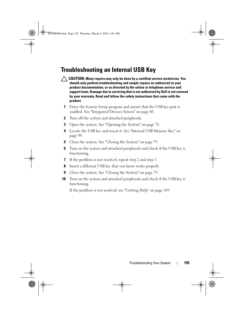 Troubleshooting an internal usb key | Dell PowerEdge R310 User Manual | Page 155 / 176