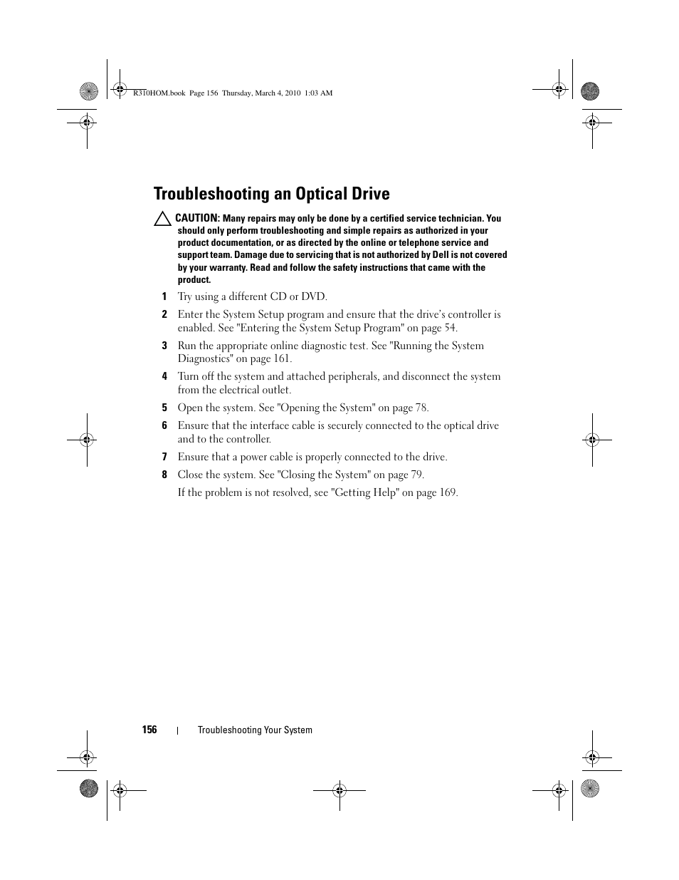 Troubleshooting an optical drive | Dell PowerEdge R310 User Manual | Page 156 / 176