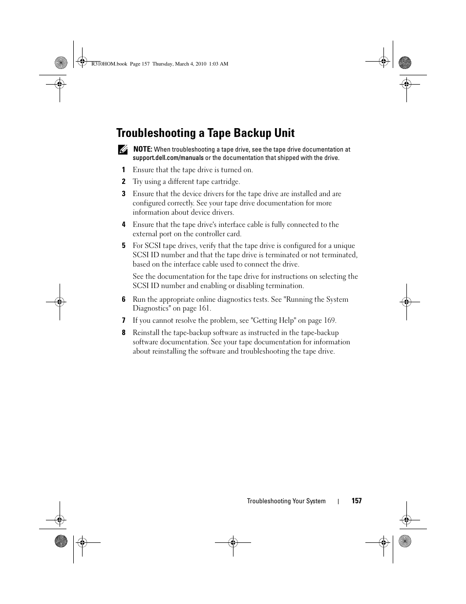 Troubleshooting a tape backup unit | Dell PowerEdge R310 User Manual | Page 157 / 176
