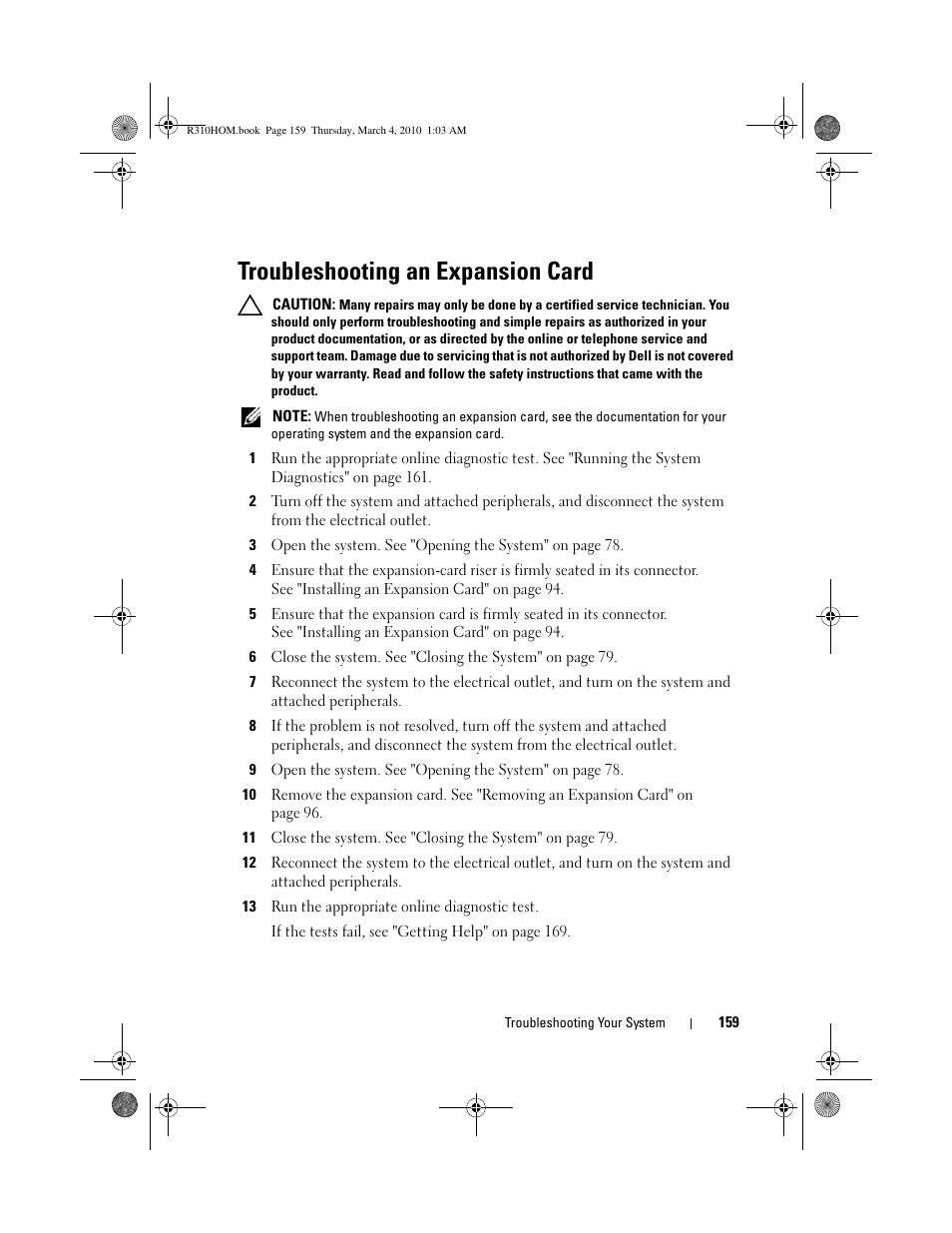 Troubleshooting an expansion card | Dell PowerEdge R310 User Manual | Page 159 / 176