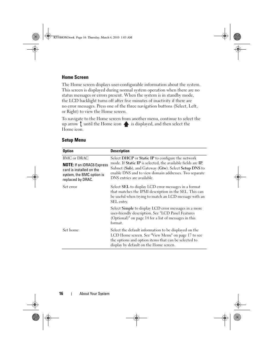 Home screen, Setup menu | Dell PowerEdge R310 User Manual | Page 16 / 176