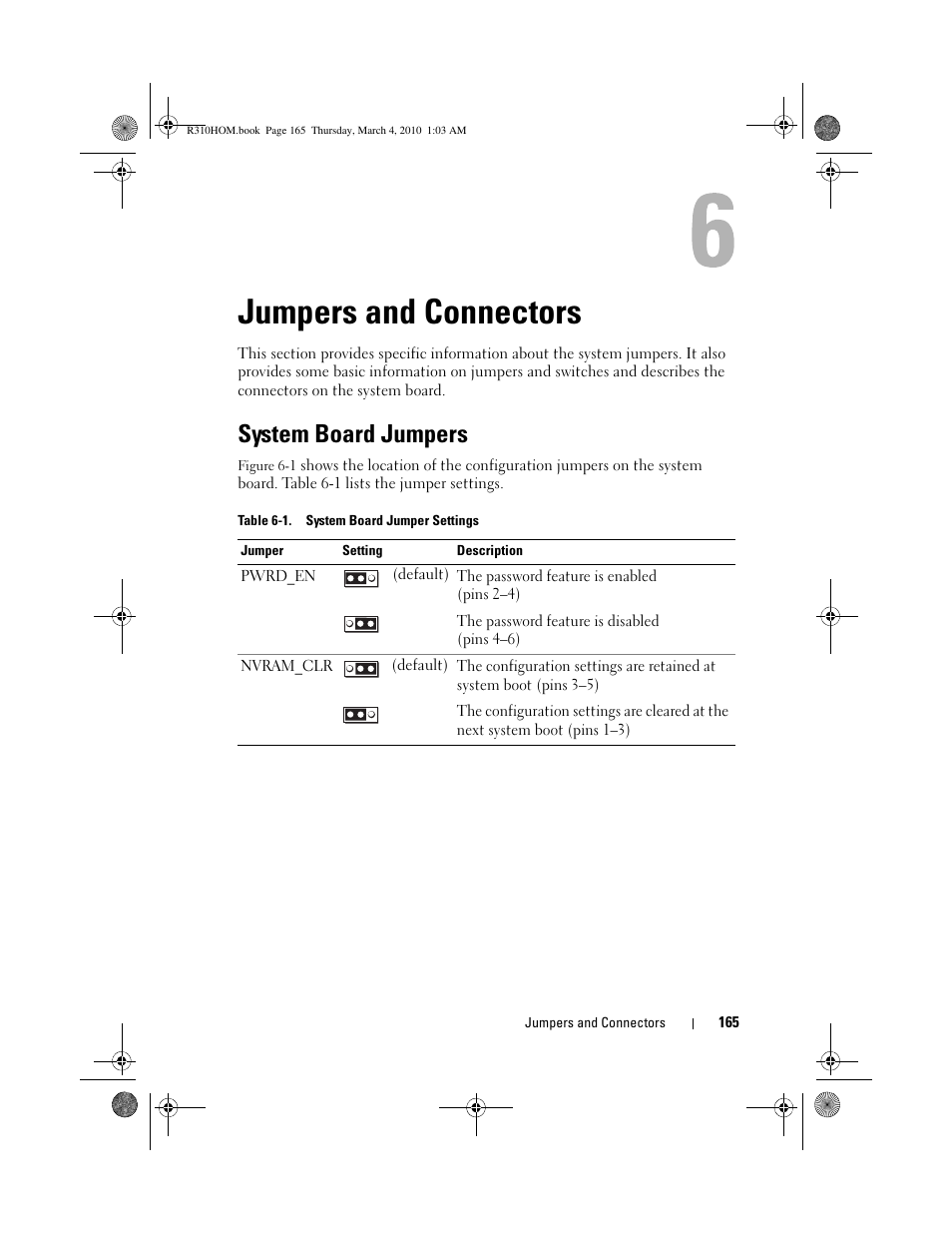 Jumpers and connectors, System board jumpers | Dell PowerEdge R310 User Manual | Page 165 / 176