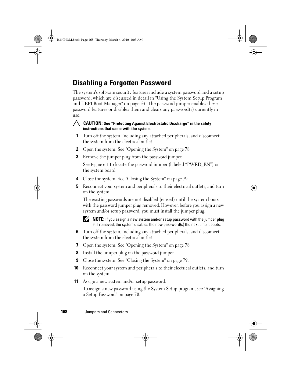 Disabling a forgotten password | Dell PowerEdge R310 User Manual | Page 168 / 176