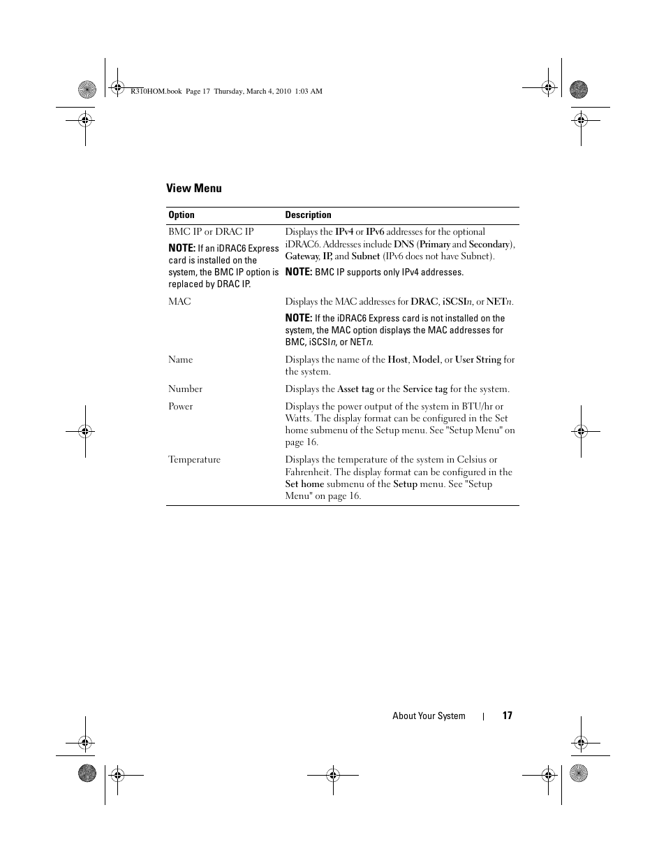 View menu | Dell PowerEdge R310 User Manual | Page 17 / 176