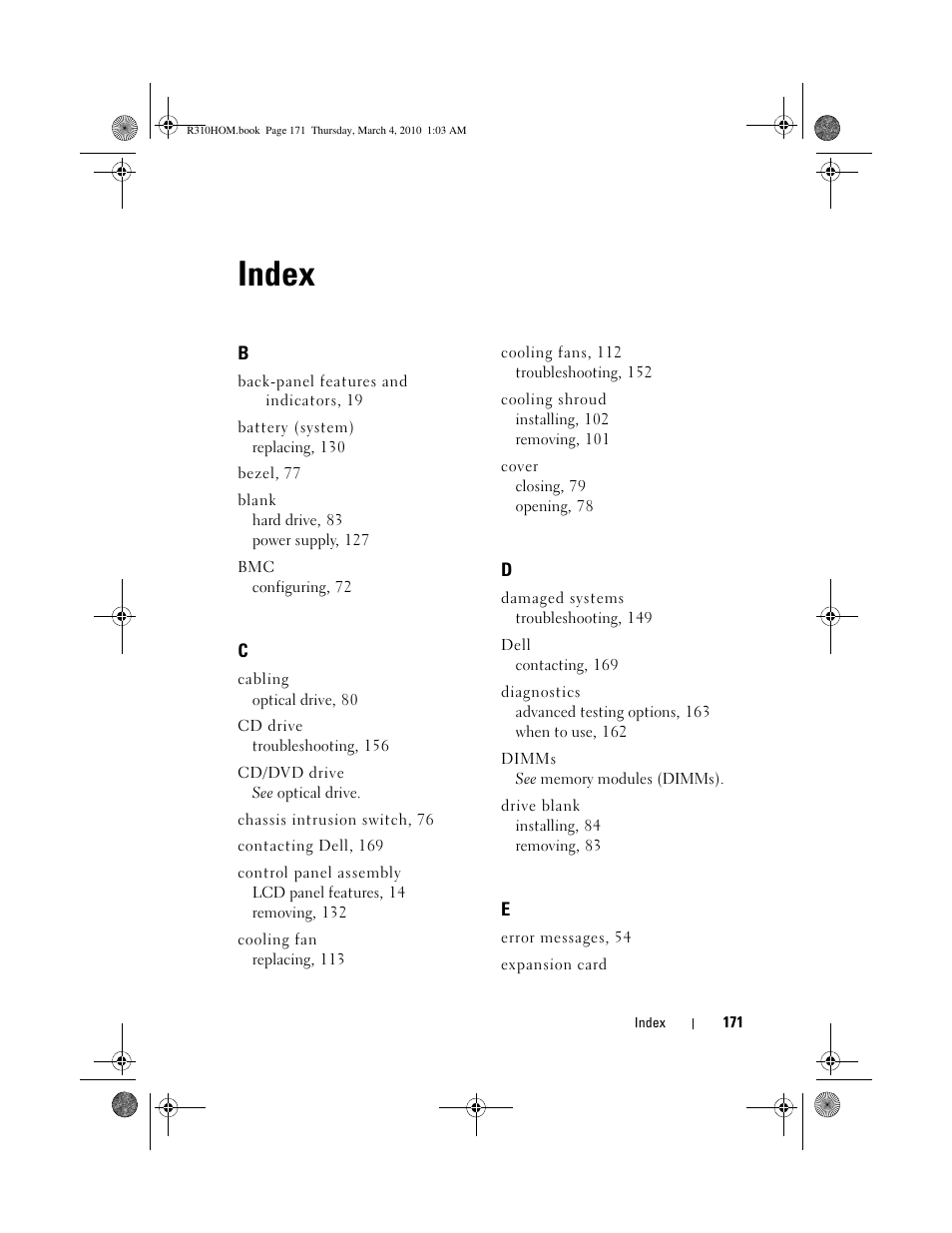 Index | Dell PowerEdge R310 User Manual | Page 171 / 176