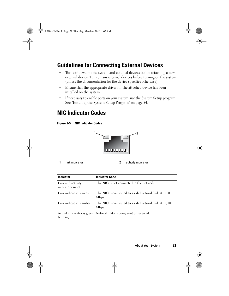 Guidelines for connecting external devices, Nic indicator codes | Dell PowerEdge R310 User Manual | Page 21 / 176
