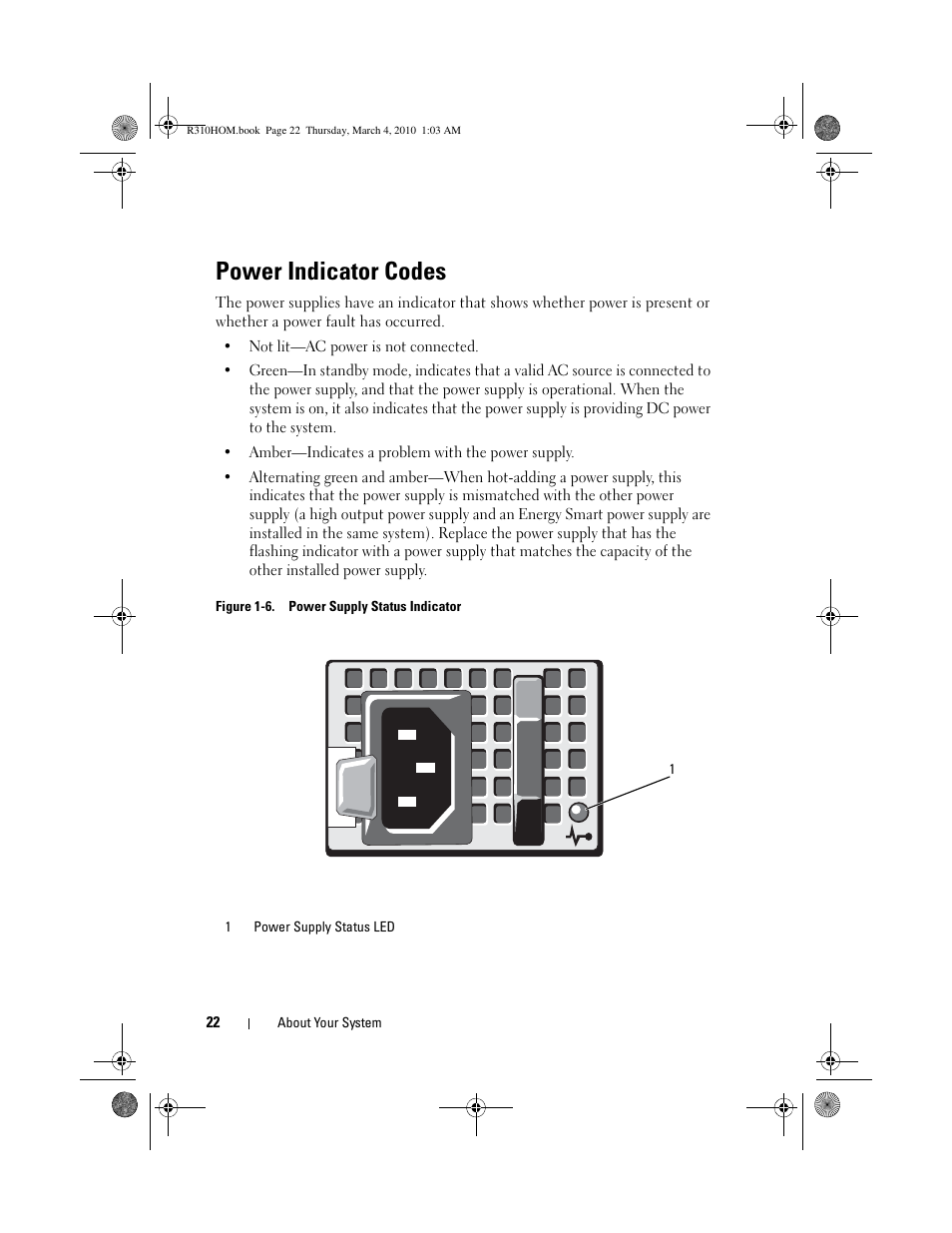Power indicator codes | Dell PowerEdge R310 User Manual | Page 22 / 176