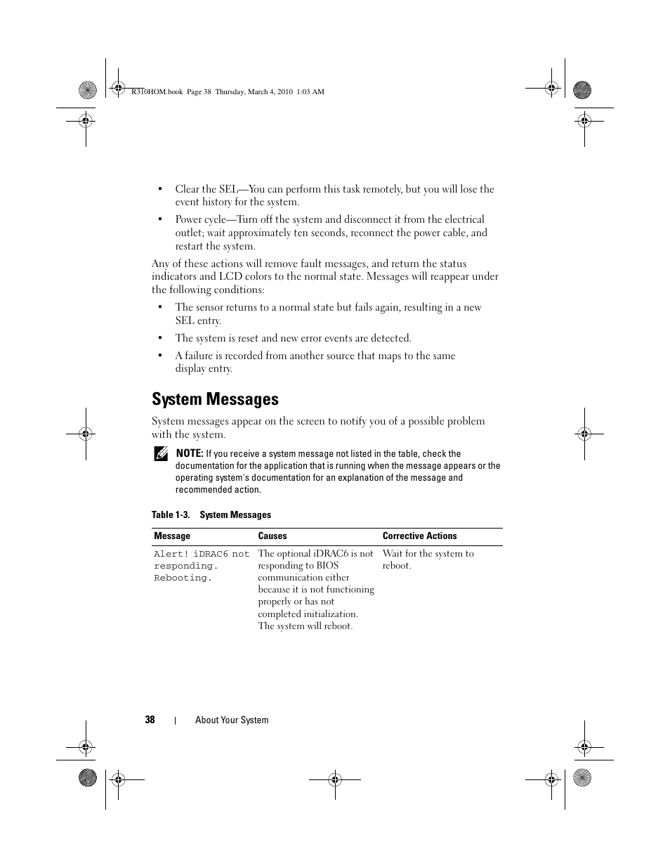 System messages | Dell PowerEdge R310 User Manual | Page 38 / 176