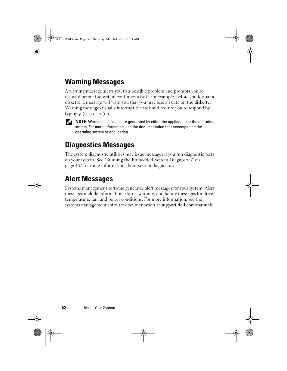 Warning messages, Diagnostics messages, Alert messages | Dell PowerEdge R310 User Manual | Page 52 / 176