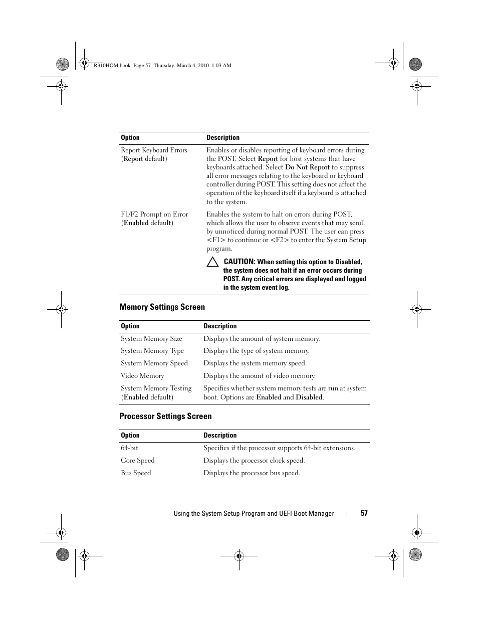 Memory settings screen, Processor settings screen | Dell PowerEdge R310 User Manual | Page 57 / 176