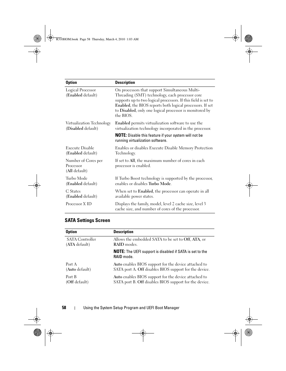 Sata settings screen | Dell PowerEdge R310 User Manual | Page 58 / 176