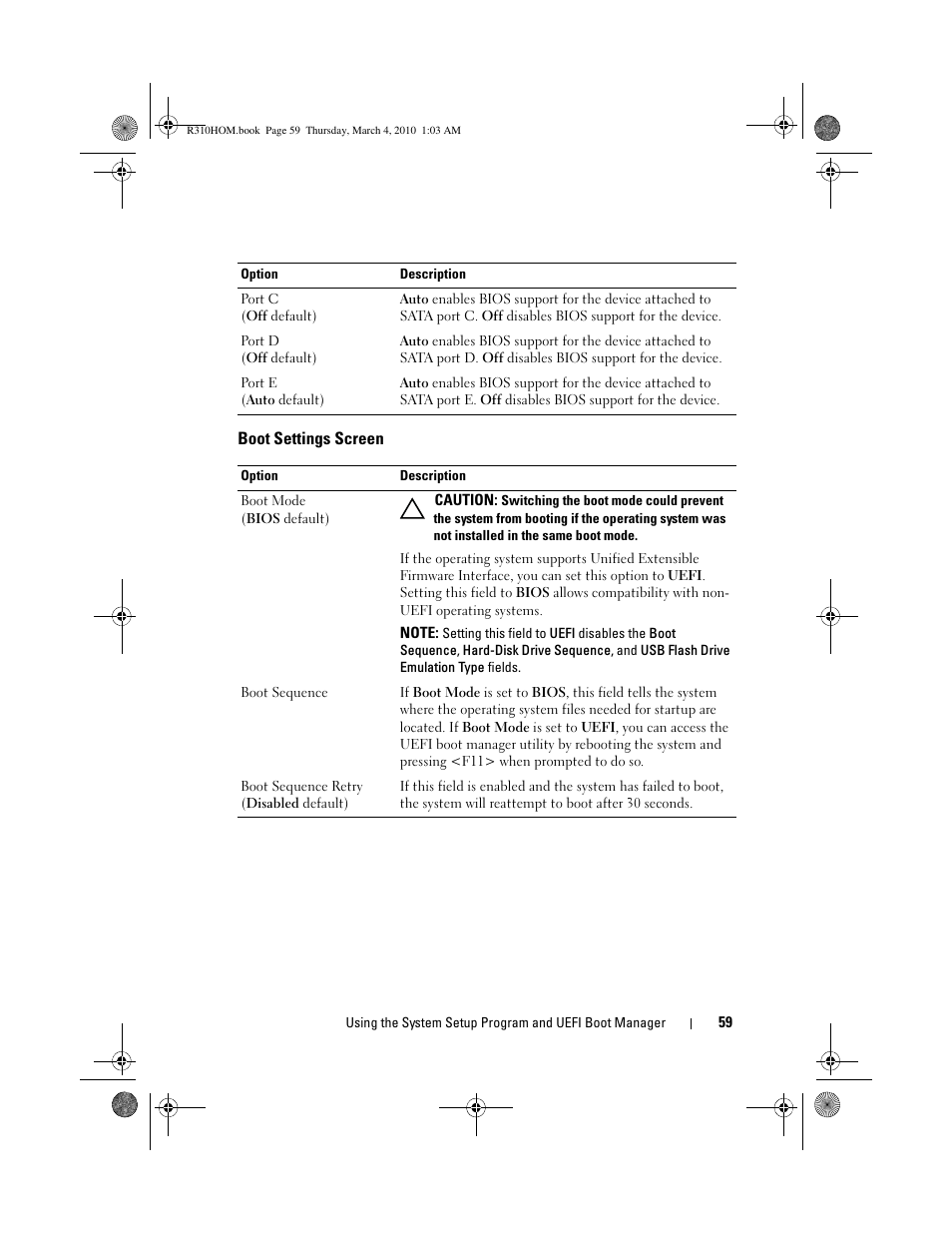 Boot settings screen | Dell PowerEdge R310 User Manual | Page 59 / 176