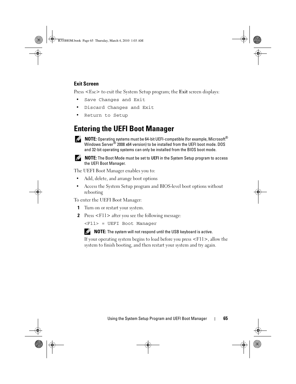 Exit screen, Entering the uefi boot manager | Dell PowerEdge R310 User Manual | Page 65 / 176