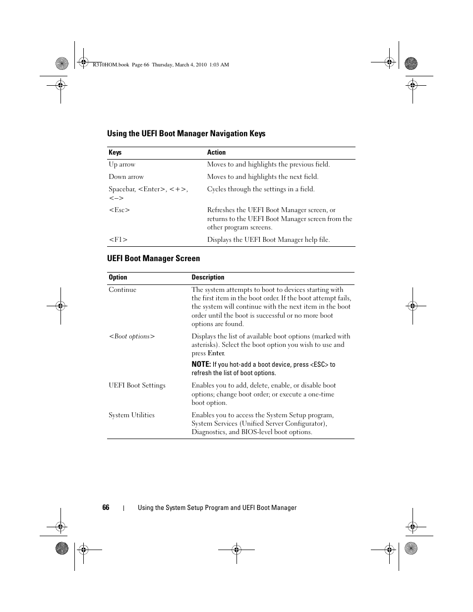 Using the uefi boot manager navigation keys, Uefi boot manager screen | Dell PowerEdge R310 User Manual | Page 66 / 176