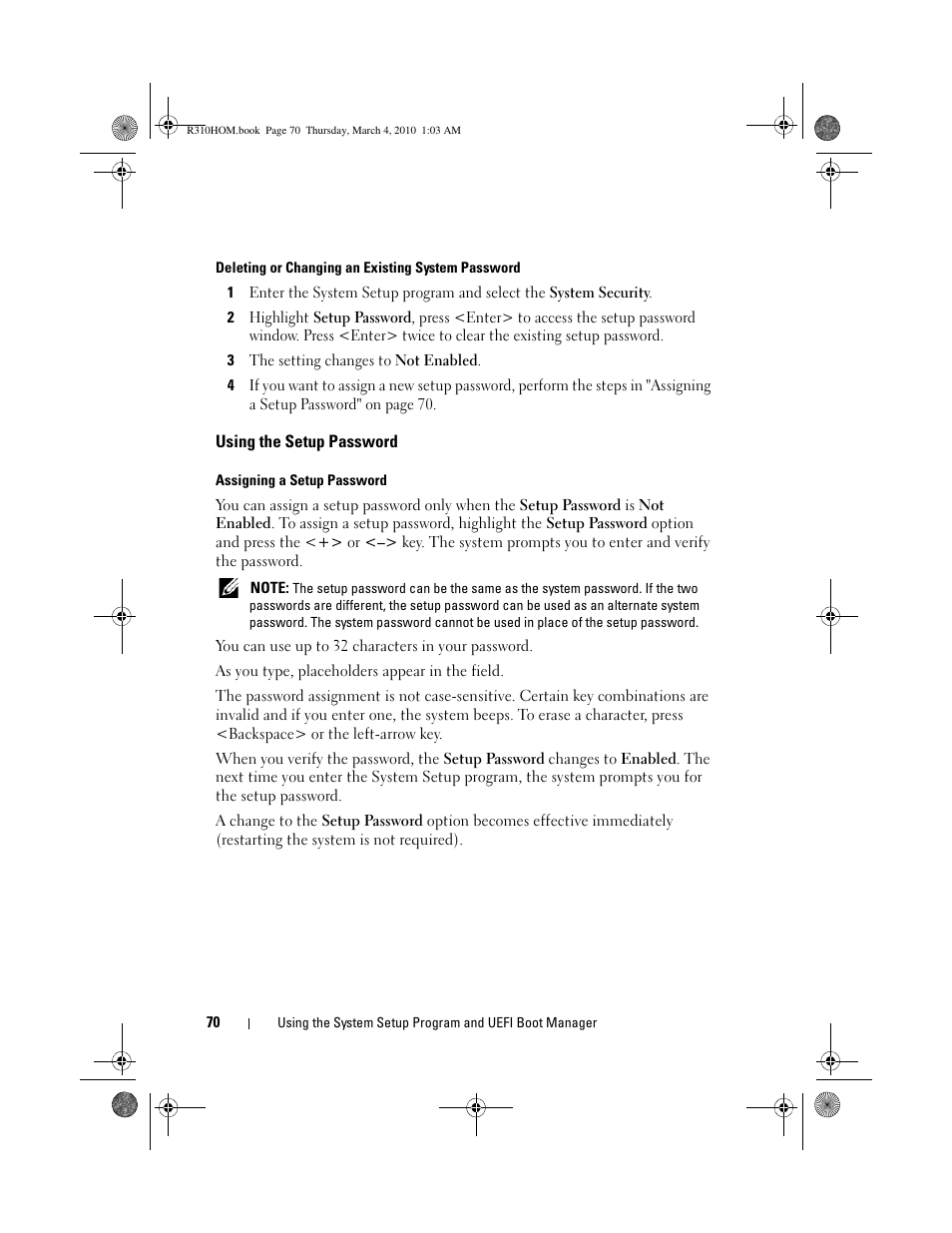 Using the setup password | Dell PowerEdge R310 User Manual | Page 70 / 176